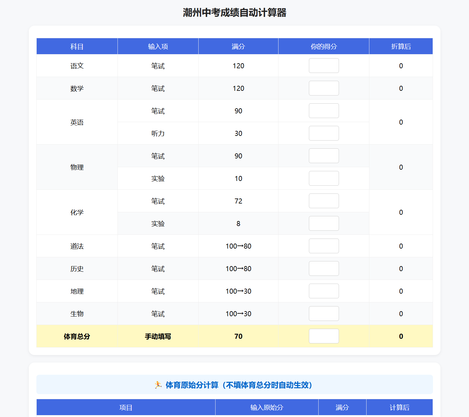 潮州中考分数自动计算（公益项目）